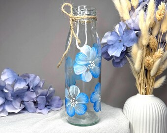Hand-painted glass bottle with blue flowers, decorative vase in boho style, gift idea dried flower vase, shabby chic home accessory