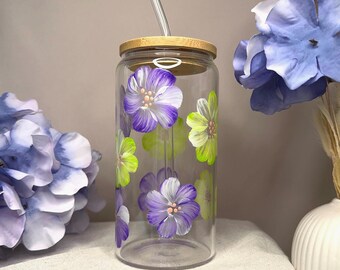 Hand-painted drinking glass with bamboo lid and glass straw, purple and green floral design, drinking cup, floral cup, gift for girlfriend