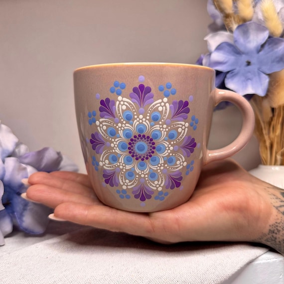 Handbemalte Mandala Tasse 420ml – Unikat – Geschenk Wertschätzung – große Keramik Kaffeetasse