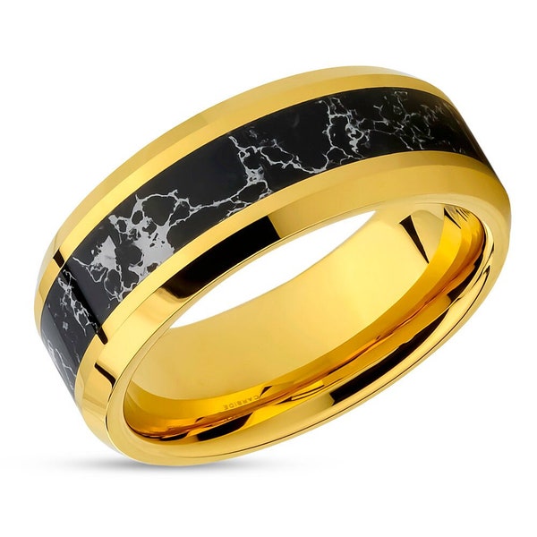 Black turquoise wedding ring,yellow gold wedding band,tungsten carbide ring,engagement ring,unique wedding ring,man & woman,beveled edges