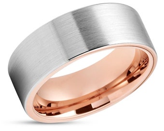 Silver wedding ring,rose gold tungsten ring,anniversary ring,tungsten carbide ring,man & woman,18k rose gold,tungsten carbide ring,brush