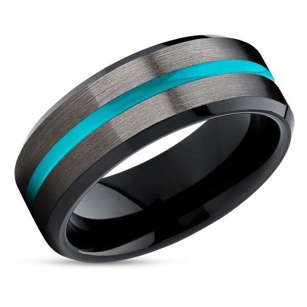 Gunmetal wedding ring|turquoise tungsten ring|anniversary ring|engagement ring|unique wedding ring|black wedding ring|man & woman|band