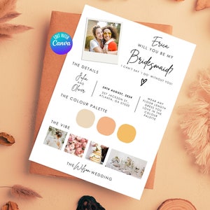 Modèle modifiable de carte d'informations de demoiselle d'honneur, carte d'invitation à une fête de mariage, carte d'informations de demoiselle d'honneur, infographie de demoiselle d'honneur minimaliste moderne