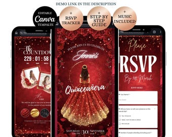 Quinceañera Website Invitation with RSVP Tracker, Red Floral Editable Canva Web Invites : Instant Download
