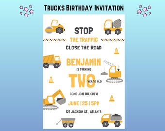 Trucks Birthday Invitation: Construction Party Theme (Canva Template)