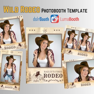 May include: A photo booth template with a western theme. The template features a brown and white background with a rope border. The text "Bailey's First Rodeo" is printed in brown on the template. The template is designed for use with a photo booth.
