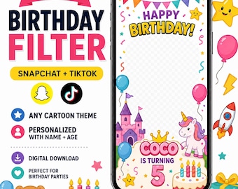 Custom Birthday Snapchat Filter with any cartoon overlay, personalized gift for kids party theme | Digital all cartoons available