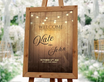 Rustic Wedding Welcome Sign with Fairy Lights Canva Template (Digital Download)