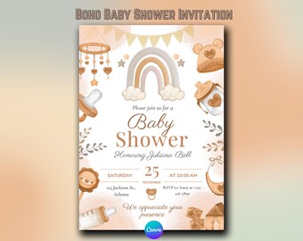 Boho Rainbow Baby Shower Invitation: Editable Canva Template (Digital)