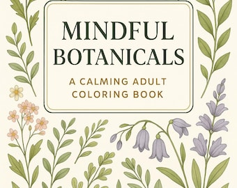 May include: A coloring book cover with the title "Mindful Botanicals: A Calming Adult Coloring Book". The cover features a variety of flowers and leaves in shades of green, pink, white, and purple.