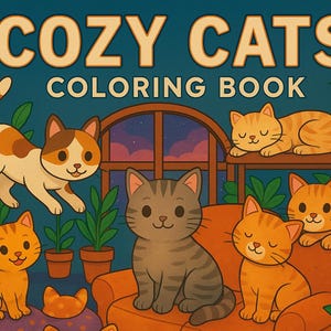 May include: A colorful illustration of a "Cozy Cats Coloring Book" featuring several cartoon cats in various poses. The cats are orange, brown, and gray, with a teal background and potted plants. The book's title is in large, stylized letters.