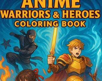 May include: A vibrant illustration for an "Anime Warriors & Heroes Coloring Book." The cover features several anime characters, including a ninja, warriors with swords, and an archer. The background is a mix of blue and orange, with flames at the bottom.