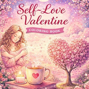 Pu&ograve; includere: Illustrazione digitale di un libro da colorare intitolato "Self-Love Valentine". La copertina presenta una donna, una tazza fumante con un cuore, una candela accesa e un albero a forma di cuore. Lo sfondo &egrave; pieno di fiori rosa e una luna piena.
