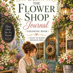 May include: An illustrated cover for "The Flower Shop Journal" colouring book. The image shows a woman arranging flowers outside a shop. Text includes "A Place to Bloom, Dream & Grow". Signs read "Bloom Where You Are Planted" and "Live Life in Full Bloom".