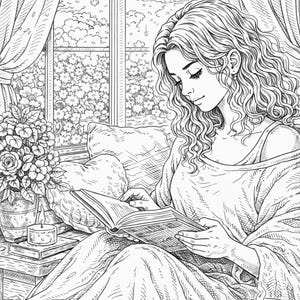 Pu&ograve; includere: Illustrazione in bianco e nero di una persona che legge un libro vicino a una finestra. Una tazza di caff&egrave;, fiori e una candela sono su un tavolo. La scena evoca un senso di relax e tempo libero.