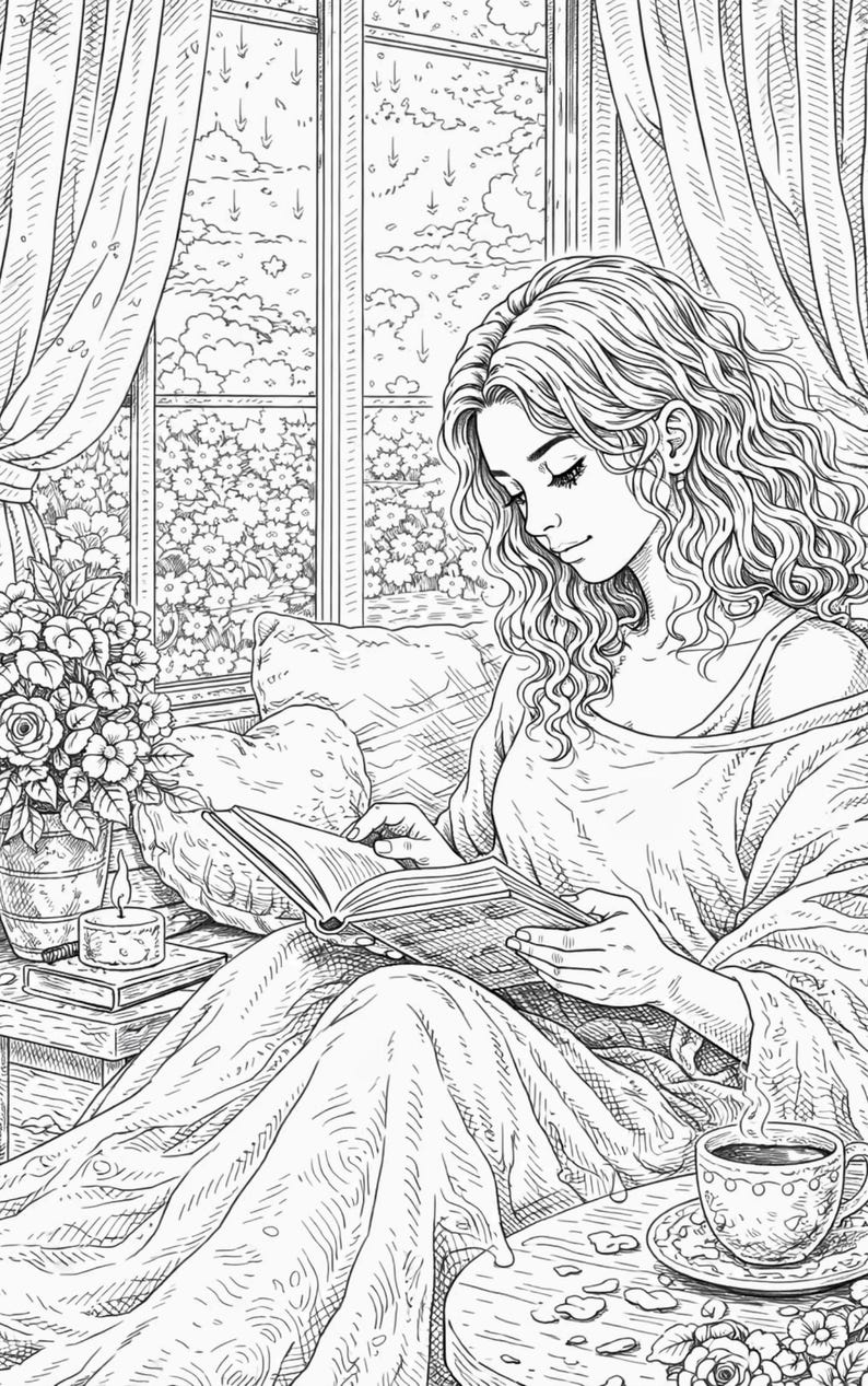 Pu&ograve; includere: Illustrazione in bianco e nero di una persona che legge un libro vicino a una finestra. Una tazza di caff&egrave;, fiori e una candela sono su un tavolo. La scena evoca un senso di relax e tempo libero.