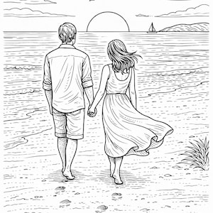 K&ouml;nnte beinhalten: Schwarz-Wei&szlig;-Illustration eines Paares, das am Strand bei Sonnenuntergang spaziert und sich an den H&auml;nden h&auml;lt. Das Bild zeigt M&ouml;wen, ein Segelboot und den Text "Love flows like the tide".