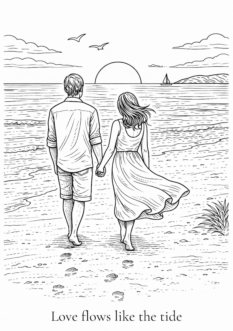 K&ouml;nnte beinhalten: Schwarz-Wei&szlig;-Illustration eines Paares, das am Strand bei Sonnenuntergang spaziert und sich an den H&auml;nden h&auml;lt. Das Bild zeigt M&ouml;wen, ein Segelboot und den Text "Love flows like the tide".