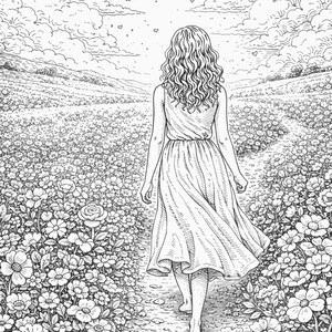 Pu&ograve; includere: Illustrazione in bianco e nero di una persona che si allontana su un sentiero attraverso un campo di fiori. La persona indossa un vestito. Il cielo &egrave; pieno di nuvole e cuori. Scena pacifica.