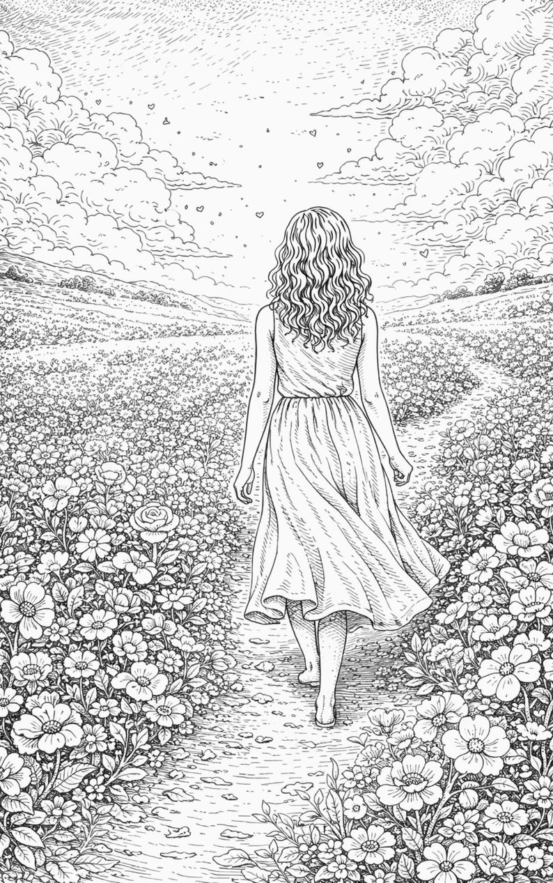 Pu&ograve; includere: Illustrazione in bianco e nero di una persona che si allontana su un sentiero attraverso un campo di fiori. La persona indossa un vestito. Il cielo &egrave; pieno di nuvole e cuori. Scena pacifica.