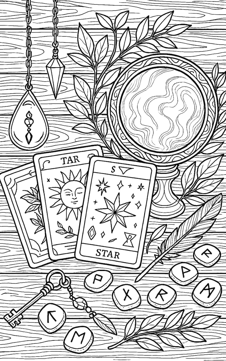 K&ouml;nnte beinhalten: Schwarz-Wei&szlig;-Illustration von Tarotkarten, einer Kristallkugel, Runen, einem Schl&uuml;ssel und einer Feder. Die Tarotkarten tragen die W&ouml;rter "TAR" und "STAR". Das Bild hat ein mystisches Thema.