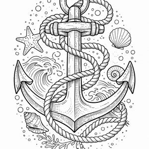 K&ouml;nnte beinhalten: Schwarz-wei&szlig;e Illustration eines Ankers mit Seil, umgeben von Muscheln, einem Seestern und Wellen. Der Text "Anchored in calm and peace" befindet sich unten.