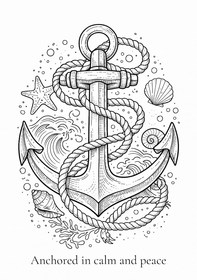 K&ouml;nnte beinhalten: Schwarz-wei&szlig;e Illustration eines Ankers mit Seil, umgeben von Muscheln, einem Seestern und Wellen. Der Text "Anchored in calm and peace" befindet sich unten.