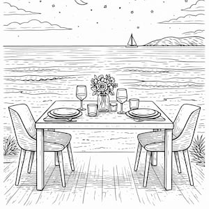 K&ouml;nnte beinhalten: Schwarz-Wei&szlig;-Illustration einer romantischen Dinner-Szene am Strand. Ein Tisch ist f&uuml;r zwei Personen gedeckt mit Tellern, Gl&auml;sern und einem Blumengesteck. Der Text unten lautet "Cherish slow and meaningful evenings."