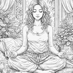 Pu&ograve; includere: Illustrazione in bianco e nero di una persona che medita nella posizione del loto su un letto. La persona indossa una canotta e un pigiama. Una tazza di t&egrave;, candele e un libro sono su un tavolo. Piante e una finestra sullo sfondo.