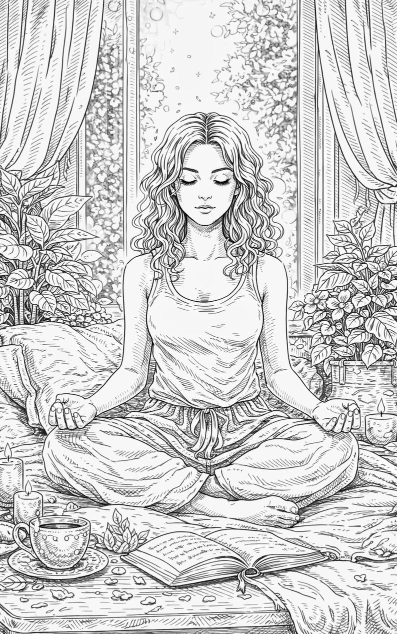 Pu&ograve; includere: Illustrazione in bianco e nero di una persona che medita nella posizione del loto su un letto. La persona indossa una canotta e un pigiama. Una tazza di t&egrave;, candele e un libro sono su un tavolo. Piante e una finestra sullo sfondo.