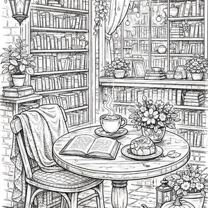 Cozy Bookshop & Library Coloring Pages for Adults | Book Lover Gift ...