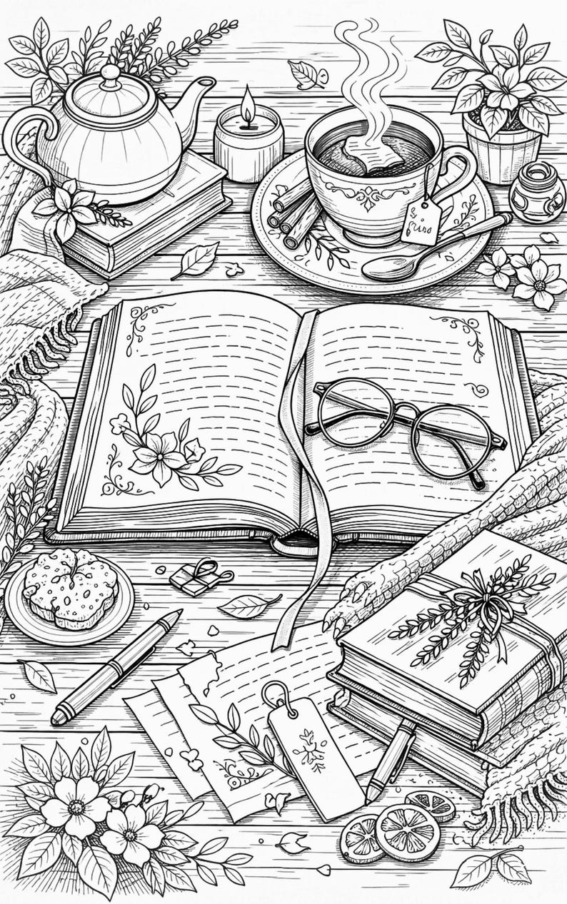Cozy Bookshop & Library Coloring Pages for Adults | Book Lover Gift ...