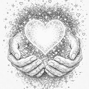 Pu&ograve; includere: Illustrazione dettagliata in bianco e nero di due mani che custodiscono un cuore luminoso. Il cuore irradia luce, circondato da stelle e piccoli cuori. L'immagine ha una qualit&agrave; delicata, disegnata a mano.