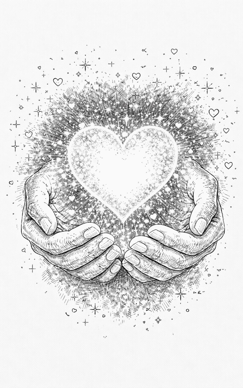 Pu&ograve; includere: Illustrazione dettagliata in bianco e nero di due mani che custodiscono un cuore luminoso. Il cuore irradia luce, circondato da stelle e piccoli cuori. L'immagine ha una qualit&agrave; delicata, disegnata a mano.