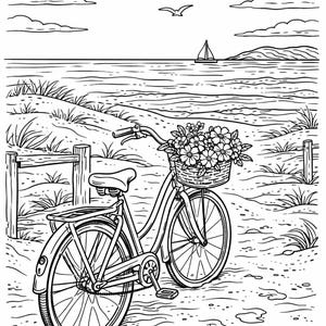K&ouml;nnte beinhalten: Schwarz-Wei&szlig;-Illustration eines Fahrrads mit einem Blumenkorb an einem Sandstrand. Das Meer, ein Segelboot und der Text "Simple things bring the most joy" befinden sich im Hintergrund.