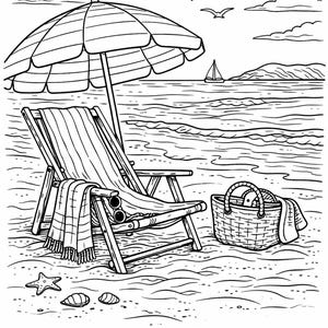K&ouml;nnte beinhalten: Schwarz-Wei&szlig;-Zeichnung einer Strandszene mit gestreiftem Sonnenschirm, Strandstuhl und Picknickkorb. Der Text "Coastal days, peaceful ways" steht unten. Ein Segelboot ist in der Ferne zu sehen.