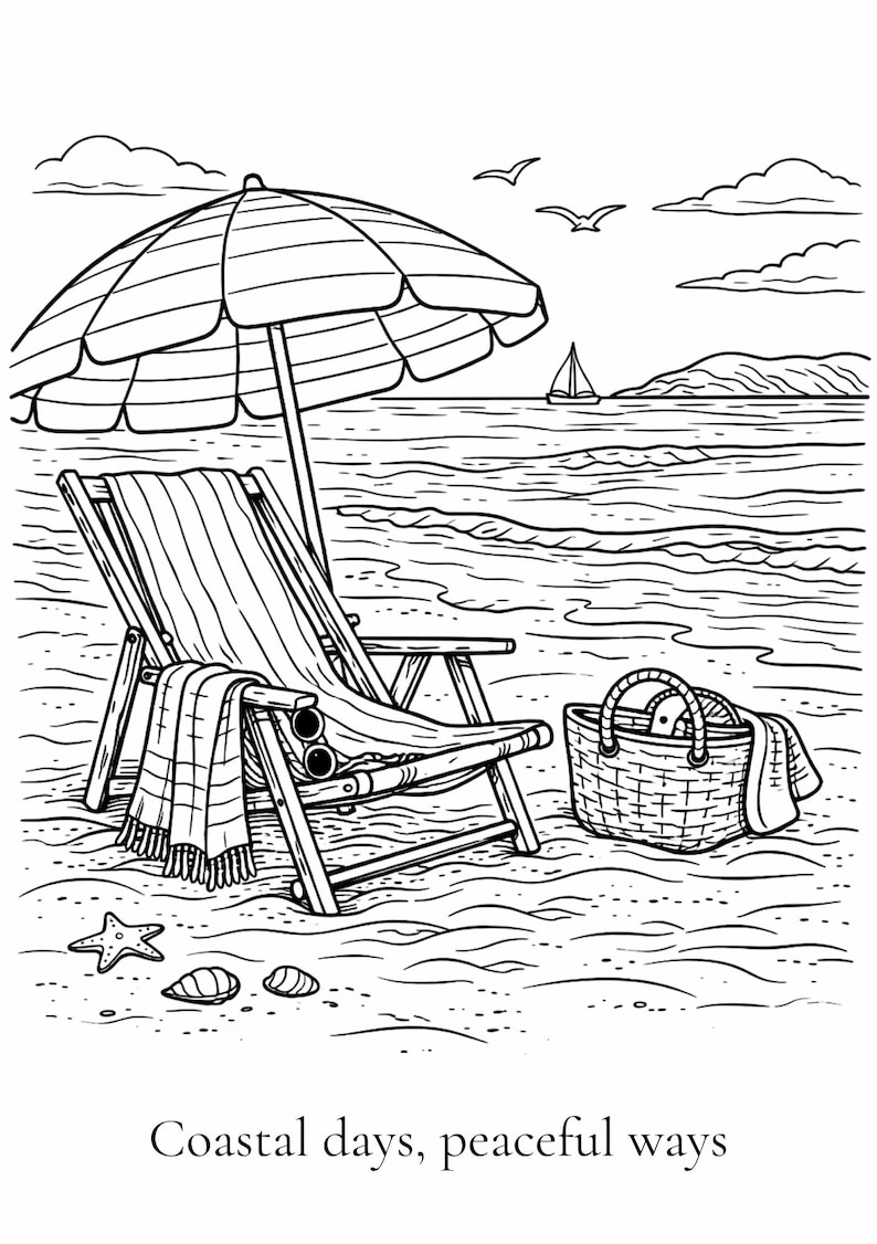 K&ouml;nnte beinhalten: Schwarz-Wei&szlig;-Zeichnung einer Strandszene mit gestreiftem Sonnenschirm, Strandstuhl und Picknickkorb. Der Text "Coastal days, peaceful ways" steht unten. Ein Segelboot ist in der Ferne zu sehen.