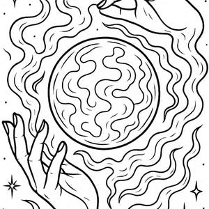 K&ouml;nnte beinhalten: Schwarz-Wei&szlig;-Illustration von H&auml;nden, die eine wirbelnde Kugel halten, umgeben von wellenf&ouml;rmigen Linien und Sternen. Das Kunstwerk hat ein mystisches Thema mit Fokus auf himmlische oder spirituelle Konzepte.