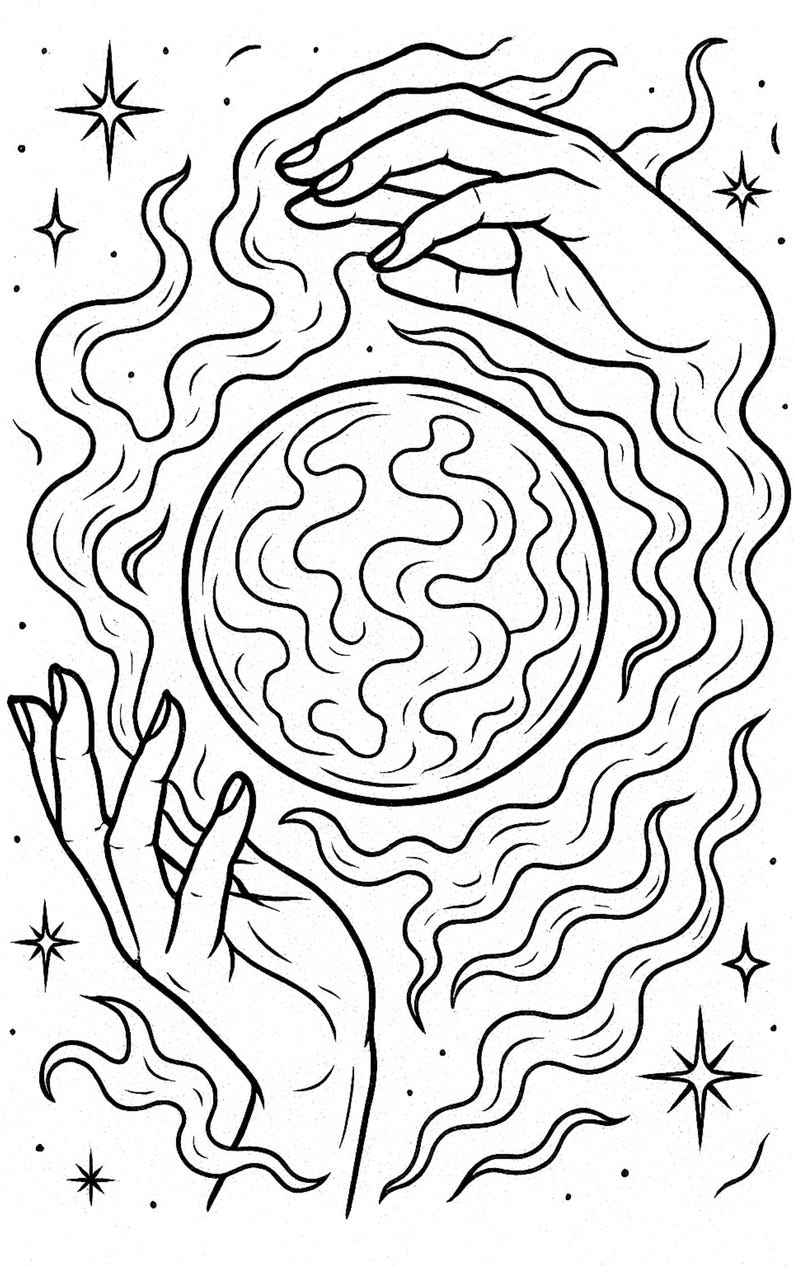 K&ouml;nnte beinhalten: Schwarz-Wei&szlig;-Illustration von H&auml;nden, die eine wirbelnde Kugel halten, umgeben von wellenf&ouml;rmigen Linien und Sternen. Das Kunstwerk hat ein mystisches Thema mit Fokus auf himmlische oder spirituelle Konzepte.