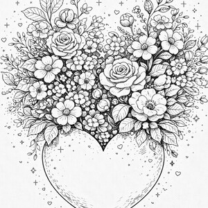 Pu&ograve; includere: Illustrazione in bianco e nero di un design a forma di cuore riempito con vari fiori e foglie. La composizione floreale include rose e margherite. Piccoli cuori e stelle circondano il disegno centrale.