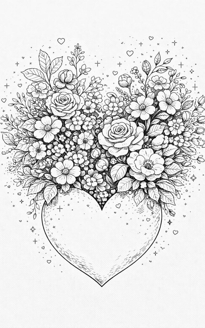 Pu&ograve; includere: Illustrazione in bianco e nero di un design a forma di cuore riempito con vari fiori e foglie. La composizione floreale include rose e margherite. Piccoli cuori e stelle circondano il disegno centrale.