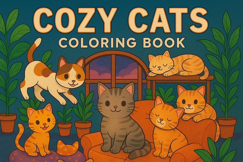 May include: A colorful illustration of a "Cozy Cats Coloring Book" featuring several cartoon cats in various poses. The cats are orange, brown, and gray, with a teal background and potted plants. The book's title is in large, stylized letters.