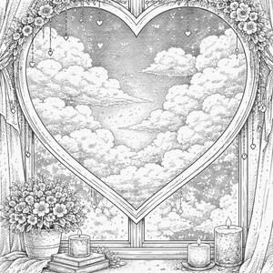 Pu&ograve; includere: Illustrazione in bianco e nero di una finestra con cornice a forma di cuore, tende e vista sulle nuvole. Una composizione floreale, candele e libri sono sul davanzale. Ghirlande floreali e ornamenti a cuore decorano la finestra.