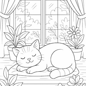 May include: Black and white illustration of a cat sleeping on a windowsill. The cat is surrounded by potted plants, flowers, and a window with curtains. A relaxing scene for a coloring book or art project.