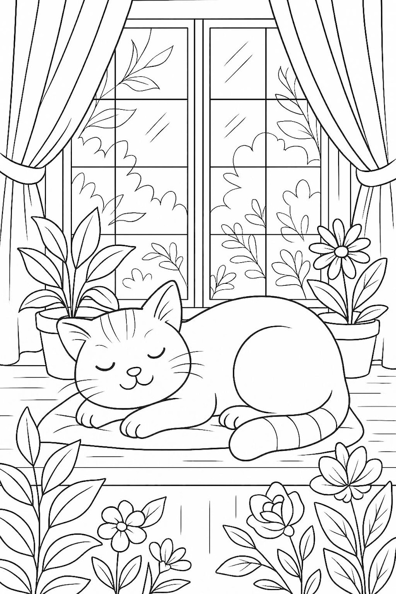 May include: Black and white illustration of a cat sleeping on a windowsill. The cat is surrounded by potted plants, flowers, and a window with curtains. A relaxing scene for a coloring book or art project.