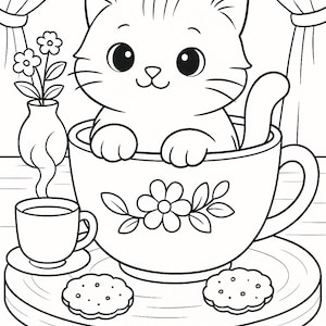 May include: Black and white illustration of a cute cat sitting inside a teacup decorated with flowers. A small table holds a cup of tea, a vase with flowers, and two cookies. The image is a coloring page.