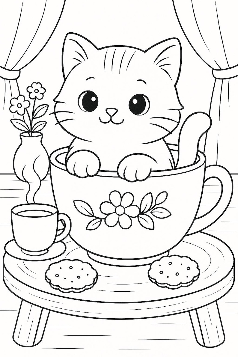 May include: Black and white illustration of a cute cat sitting inside a teacup decorated with flowers. A small table holds a cup of tea, a vase with flowers, and two cookies. The image is a coloring page.