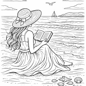K&ouml;nnte beinhalten: Schwarz-Wei&szlig;-Illustration einer Person, die am Strand liest, mit Sonnenhut und Kleid. Meer, M&ouml;wen und ein Segelboot sind zu sehen. Der Text unten lautet: "Let the waves calm your mind".