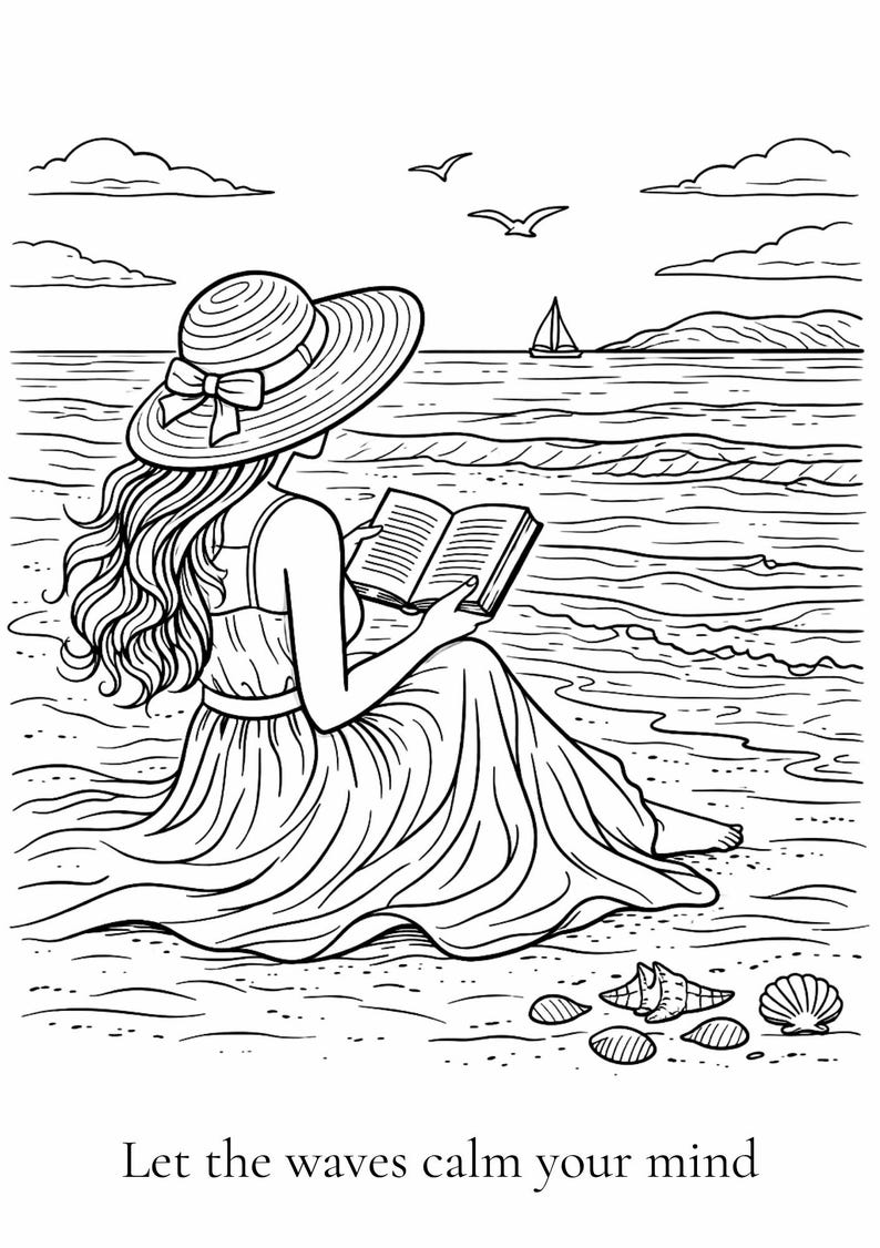 K&ouml;nnte beinhalten: Schwarz-Wei&szlig;-Illustration einer Person, die am Strand liest, mit Sonnenhut und Kleid. Meer, M&ouml;wen und ein Segelboot sind zu sehen. Der Text unten lautet: "Let the waves calm your mind".