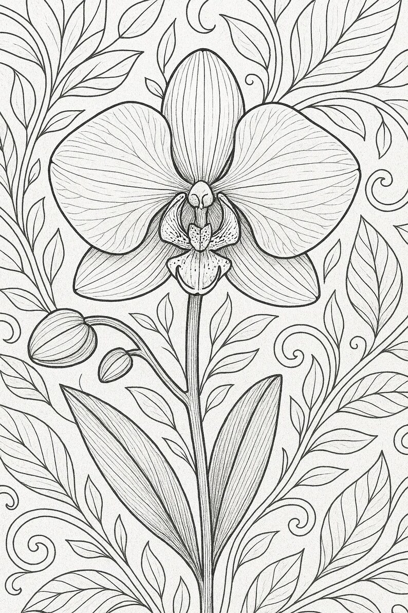 May include: A black and white line drawing of an orchid flower with intricate details. The flower is surrounded by leaves and swirls.